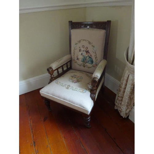 344 - Victorian carved walnut drawing room chair with needlework upholstery.