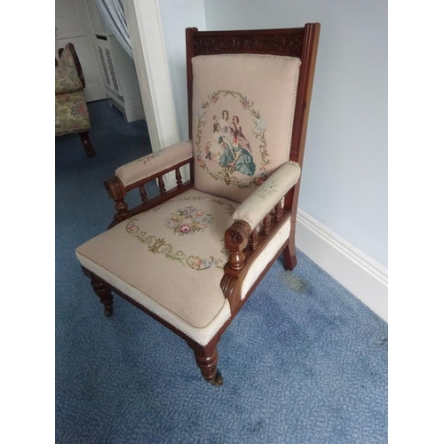 344 - Victorian carved walnut drawing room chair with needlework upholstery.