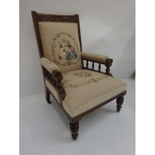 344 - Victorian carved walnut drawing room chair with needlework upholstery.