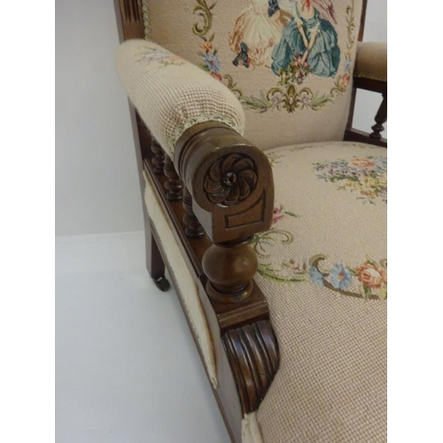 344 - Victorian carved walnut drawing room chair with needlework upholstery.