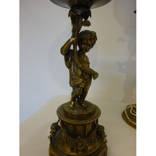 36 - Three brass cherub mounted lamps with glass shades.