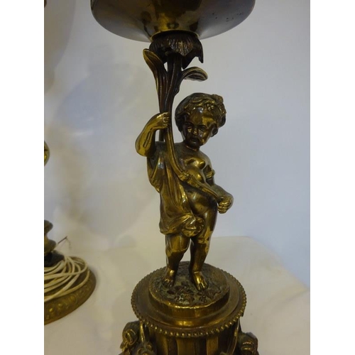 36 - Three brass cherub mounted lamps with glass shades.