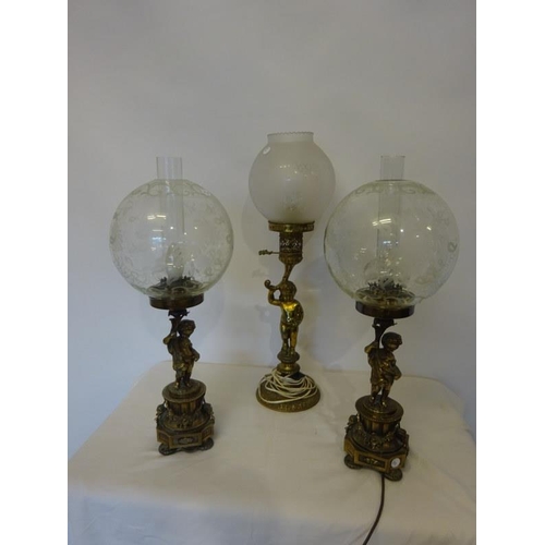 36 - Three brass cherub mounted lamps with glass shades.