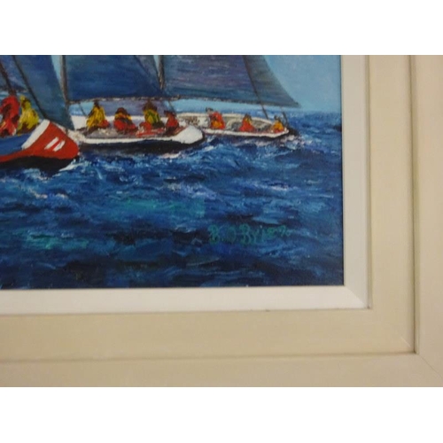 40 - B. O'Brien,
Sailing boats in choppy waters,
Oil on canvas,
Signed,
Picture size - 60cm x 75cm approx... 