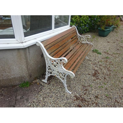 68 - Two metal and timber garden seats, (one seat with back leg broken).