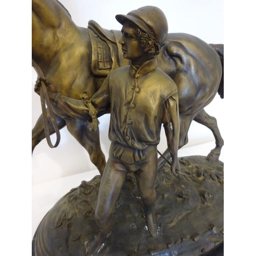 77 - Large brass race horse and jockey mounted on marble base.
Signed.