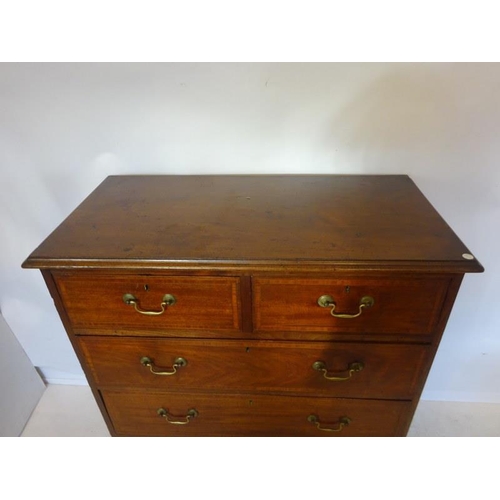 103 - Antique mahogany chest of two short and three long drawers with brass swan neck handles and raised o... 