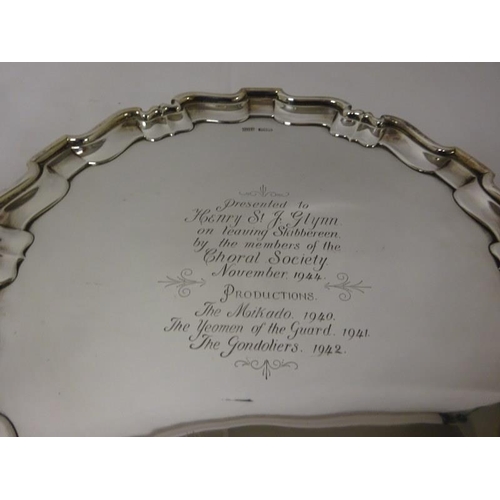 146 - William Egan, a good Cork silver salver having pie crust border and raised on three feet, with inscr... 