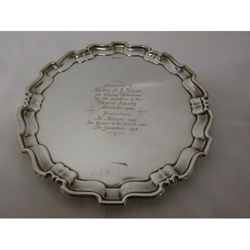 146 - William Egan, a good Cork silver salver having pie crust border and raised on three feet, with inscr... 