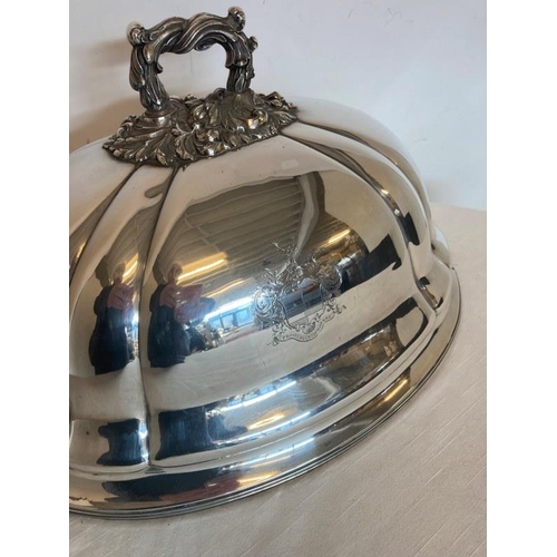 147 - Fine Victorian silver plated meat dish cover with crest.