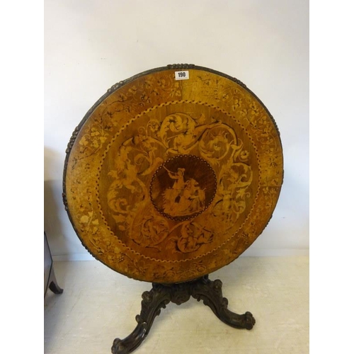 190 - A good 19th century Irish circular table, the walnut top extensively inlaid having carved freize and... 