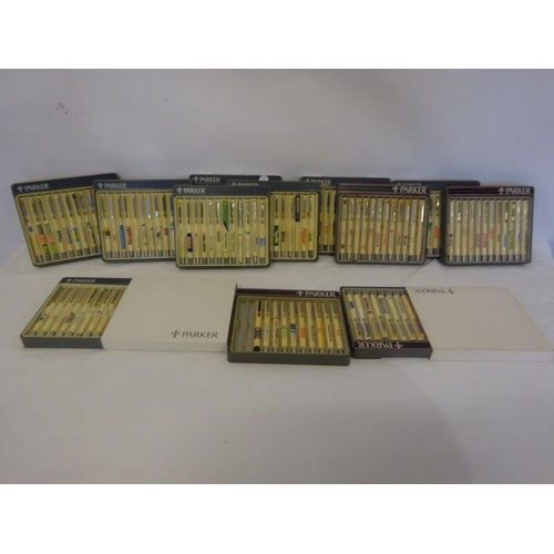 191 - An interesting collection of 142 branded Parker biro's in original boxes.