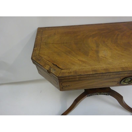 193 - Georgian mahogany and brass mounted fold over card table raised on twin column supports and reeded s... 