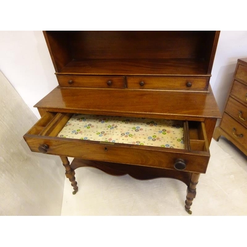 222 - A good antique mahogany desk top bookshelves fitted with five drawers and raised on ring turned legs... 