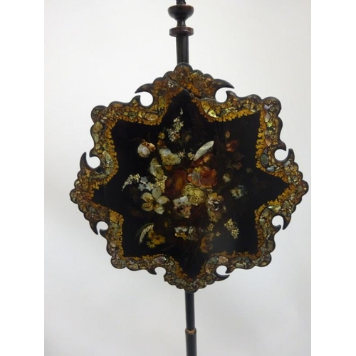 240 - A good Victorian pole screen having papier mache panel with painted and mother of pearl inlay on tri... 