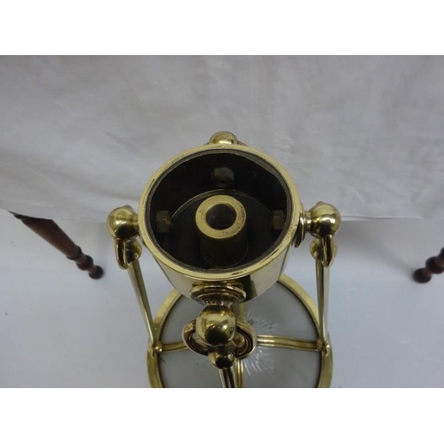 265 - A large brass framed and frosted glass hall lantern. H. 95cm approx. (needs ceiling attachment).