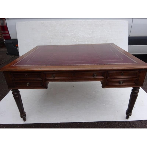 283 - Antique mahogany double sided partners desk, the rectangular top with tooled leather inset fitted wi... 