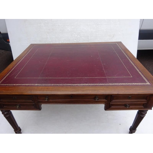 283 - Antique mahogany double sided partners desk, the rectangular top with tooled leather inset fitted wi... 