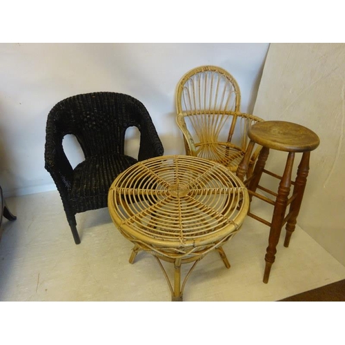 319 - Wicker work table, two chairs and a timber stool. (4)