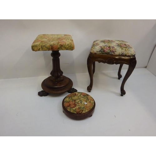 42 - Victorian mahogany piano stool, small foot stool and a four legged stool. (3)