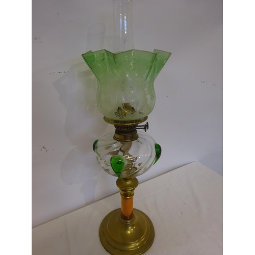 61 - Antique brass and copper column oil lamp having clear glass bowl with green teardrops and old green ... 