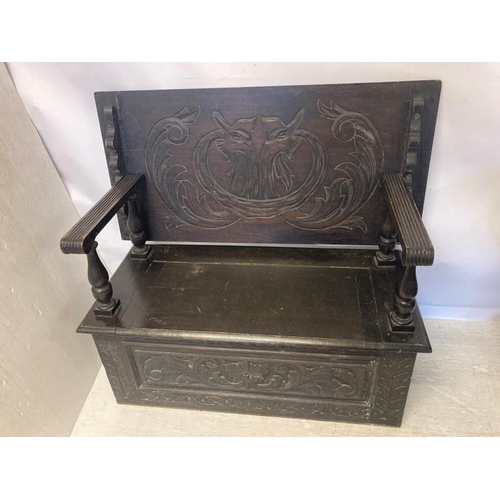 67 - Victorian carved oak monks bench, (lacking storage base).