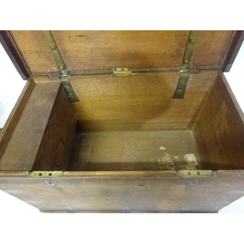 69 - Antique brass banded timber storage box with carrying handles. W. 97cm, D. 53cm, H. 50cm approx.