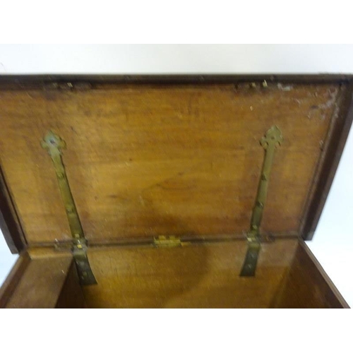 69 - Antique brass banded timber storage box with carrying handles. W. 97cm, D. 53cm, H. 50cm approx.