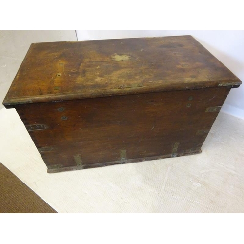 69 - Antique brass banded timber storage box with carrying handles. W. 97cm, D. 53cm, H. 50cm approx.