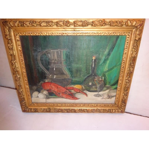 76 - M. Hamilton,
Still Life of glassware and a lobster,
Oil on canvas,
Signed lower right,
In a good gil... 