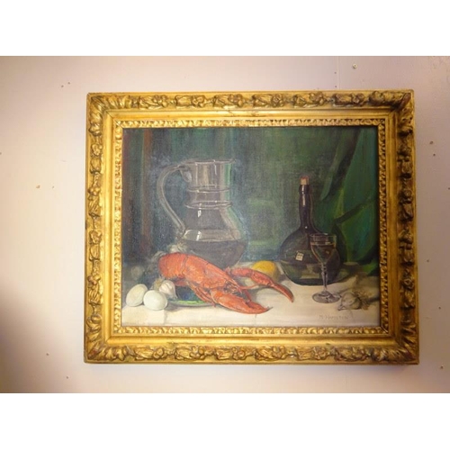 76 - M. Hamilton,
Still Life of glassware and a lobster,
Oil on canvas,
Signed lower right,
In a good gil... 