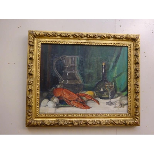 76 - M. Hamilton,
Still Life of glassware and a lobster,
Oil on canvas,
Signed lower right,
In a good gil... 