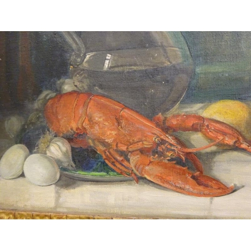 76 - M. Hamilton,
Still Life of glassware and a lobster,
Oil on canvas,
Signed lower right,
In a good gil... 