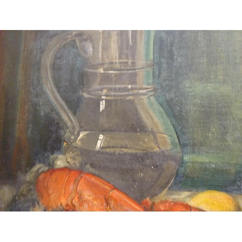 76 - M. Hamilton,
Still Life of glassware and a lobster,
Oil on canvas,
Signed lower right,
In a good gil... 