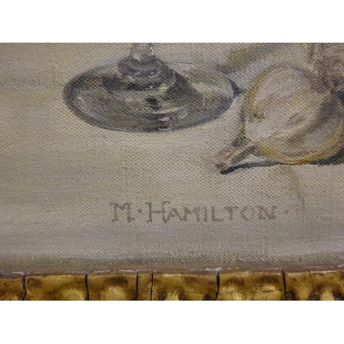 76 - M. Hamilton,
Still Life of glassware and a lobster,
Oil on canvas,
Signed lower right,
In a good gil... 