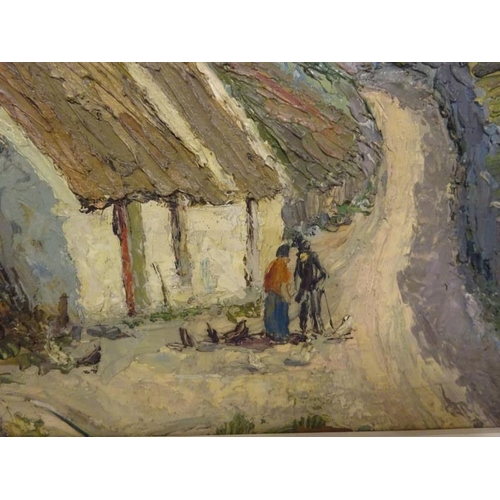 79 - G. Gault,
Dungloe, Co. Donegal,
Landscape with cottages and people,
oil on board,
Signed,
45cm x 55c... 