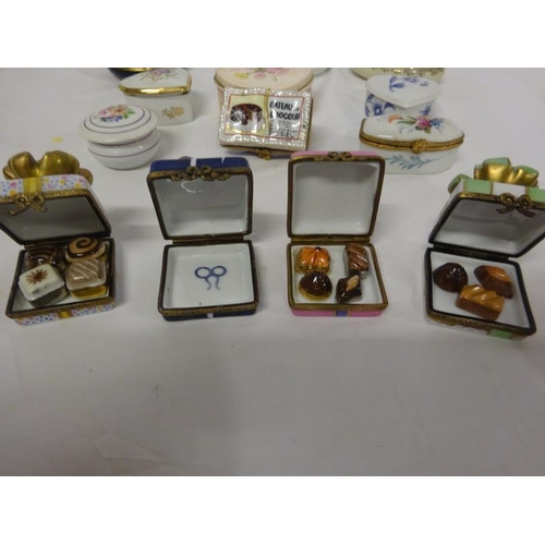 104 - Collection of 13 trinket boxes some with contents, Limoges Meissen, Dresden, etc.