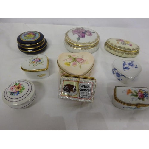 104 - Collection of 13 trinket boxes some with contents, Limoges Meissen, Dresden, etc.