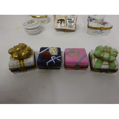 104 - Collection of 13 trinket boxes some with contents, Limoges Meissen, Dresden, etc.