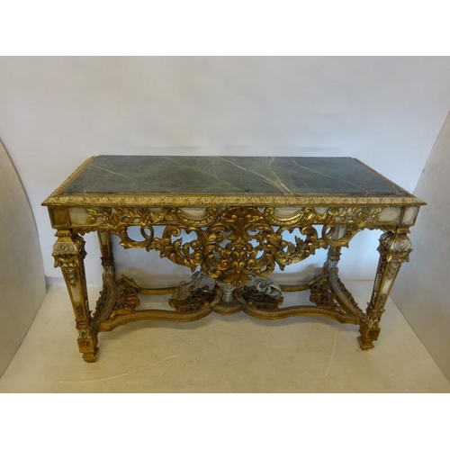 120 - A decorative carved wood painted side table, the rectangular shaped top with green marble inset rais... 