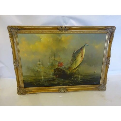 135 - Large gilt framed seascape, 
Oil on canvas,
Signed Ambrose,
Picture size - 60cm x 90cm.