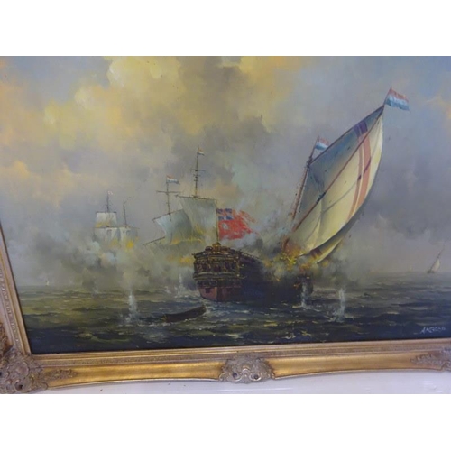 135 - Large gilt framed seascape, 
Oil on canvas,
Signed Ambrose,
Picture size - 60cm x 90cm.