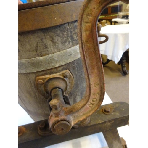 206 - Old timber and metal banded butter churn complete with stand by G.I. Lewellin & Son, Churn Works, Ha... 