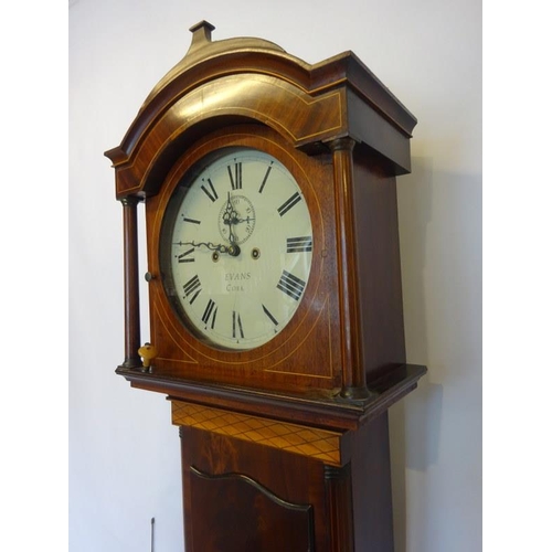 247 - An 19th century inlaid mahogany cased long cased clock having circular white dial by Evans, Cork.