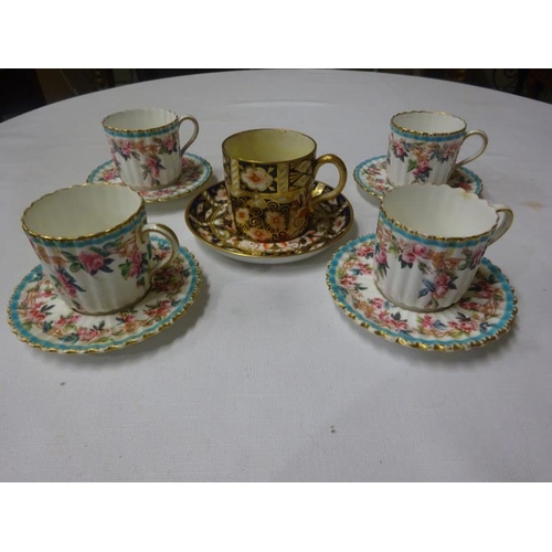 334 - Four old Spode cups and saucers and one Crown Derby cup and saucer (chip on saucer), as found.