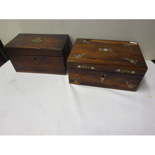 340 - A Victorian jewellery box with mother of pearl inlay and a tea caddy, as found.