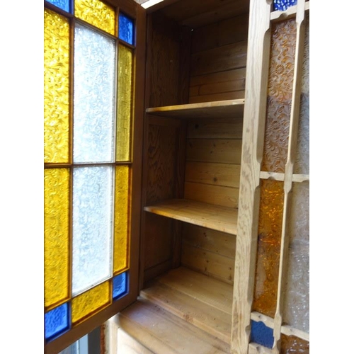 37 - Old pine Kitchen cabinet, the upper part having doors with decorative glass panels, in need of resto... 