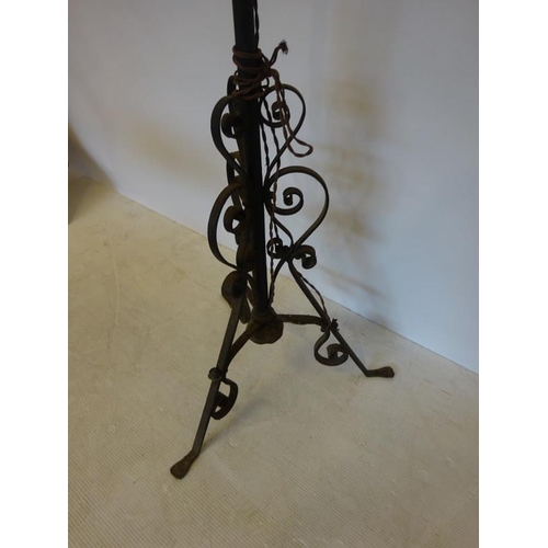 38 - Antique metal and brass Arts & Crafts design floor lamp on tripod base. (Needs re-wiring)