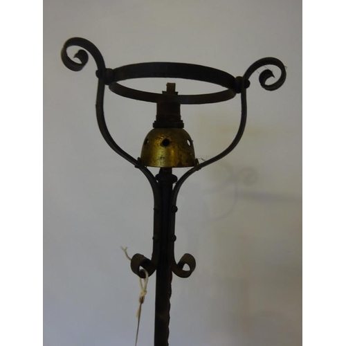 38 - Antique metal and brass Arts & Crafts design floor lamp on tripod base. (Needs re-wiring)