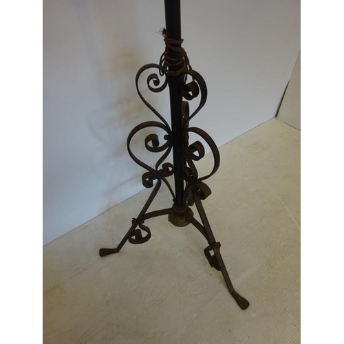 38 - Antique metal and brass Arts & Crafts design floor lamp on tripod base. (Needs re-wiring)